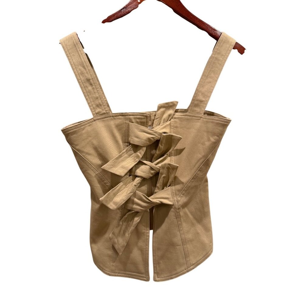 L'Academie Women Tan Bow Front Corset Top Khaki Sleeveless Cotton Blend Small - Picture 2 of 9